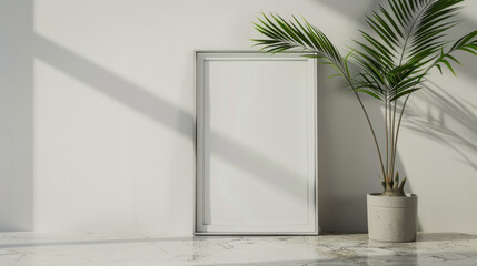A white frame with a plant in a pot sits on a white floor. The frame is empty, and the plant is a palm tree