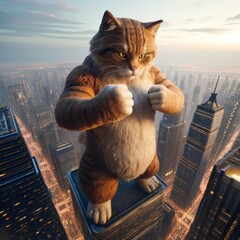 Giant Cat on Skyscraper Poised to Conquer the World. From an aerial view, a close-up of a giant cat standing on a skyscraper, fists to chest, overlooking the vast cityscape below at twilight 