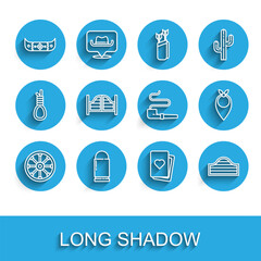 Set line Old wooden wheel, Bullet, Kayak or canoe and paddle, Deck of playing cards, Saloon door, Cowboy bandana and Smoking pipe icon. Vector