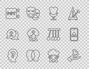 Set line Head with question mark, Solution to the problem, Armchair, Bipolar disorder, Psychology, Psi, Man graves funeral sorrow, Depression and Psychologist online icon. Vector
