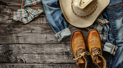Cowboy boots hat and shirt on wooden background --ar 1 - Powered by Adobe