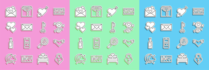 Set line Castle in the shape of a heart, Heart with wings, Candy, Amour arrow, Envelope Valentine, and Key icon. Vector