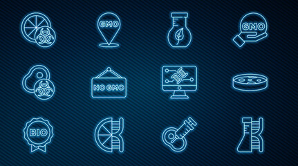 Set line DNA research, search, Petri dish with bacteria, Test tube and flask, No GMO, Genetically modified meat, orange, engineering modification and icon. Vector