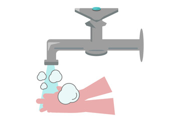 手洗い。水道水で手を洗う人。清潔、石けん。ベクターイラスト