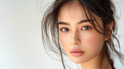 Showcase the beauty of an Asian girl with neatly styled hair, framing her face with precision and sophistication against a pristine white background in a studio setting.