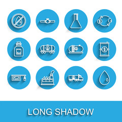 Set line Gas filling station, Oil industrial factory building, No oil drop, Tanker truck, railway cistern, Barrel with dollar and icon. Vector