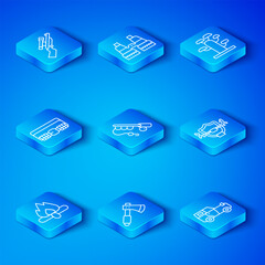 Set line Campfire, Fishing rod, Wooden axe, Deer antlers on shield, African tree, Hunting cartridge belt, Sniper rifle with scope and Off road icon. Vector