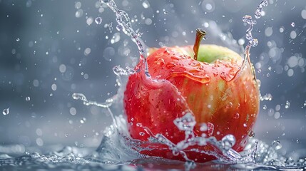water splashing onto apple, in the style of gray background and colorful fruits, high detailed, dynamic and actionpacked, high resolution