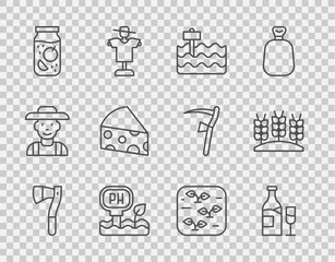 Set line Wooden axe, Wine bottle with glass, Garden bed, Soil ph testing, Jam jar, Cheese, Plant and Wheat icon. Vector