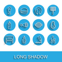 Set line BBQ brazier, Sauce bottle, Chicken leg, Campfire, Steak meat and Barbecue grill icon. Vector