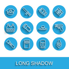 Set line Flashlight, Police assault shield, cap with cockade, Balaclava, Human target sport for shooting, electric shocker, and Sheriff hat badge icon. Vector