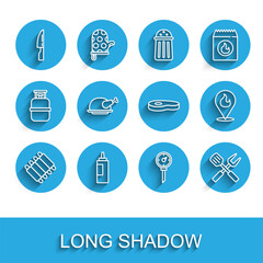 Set line Grilled pork bbq ribs, Sauce bottle, Barbecue knife, Kitchen thermometer, Crossed fork and spatula, Roasted turkey chicken, Location with fire flame and Steak meat icon. Vector