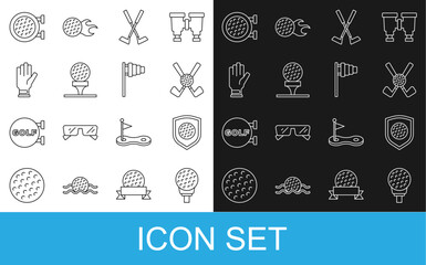 Set line Golf ball on tee, with shield, Crossed golf club, glove, sport and flag icon. Vector
