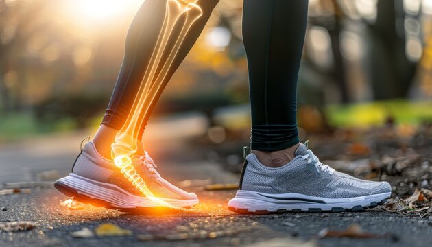 Runner injures calf muscle and ligament, close up of painful foot with orange bone on dirt path