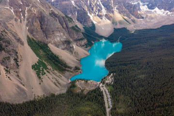 Dronl view of Louise Lake in Banff National Park, Canada, Ten Peaks Valley. Inspirational photo.