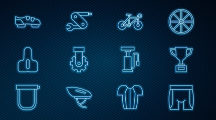 Set line Cycling shorts, Award cup with bicycle, Bicycle, Derailleur rear, seat, shoes, air pump and Swiss army knife icon. Vector