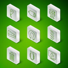 Set line Location with fire flame, Meat tongs, Rib eye steak, Sausage, Steak meat, Salami sausage, Salt and Bacon stripe icon. Vector