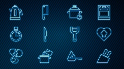 Set line Knife, Chef hat, Cooking pot, Stopwatch, Electric kettle, Vegetable peeler and Meat chopper icon. Vector