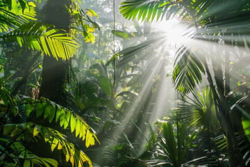 Sunbeams filtering through the canopy of a dense, tropical rainforest.