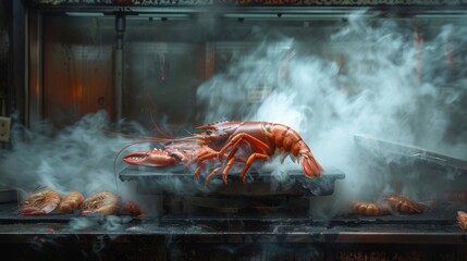 A large lobster is sitting on a hot plate in a kitchen