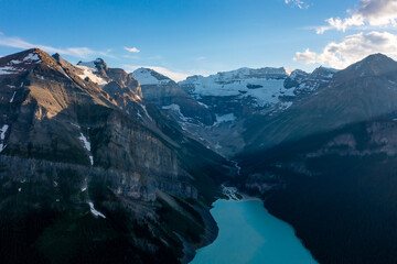 Dronl view of Louise Lake in Banff National Park, Canada, Ten Peaks Valley. Inspirational photo.