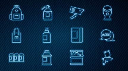 Set line Paint spray gun, Speech bubble with text art, Security camera, Paint, gouache, jar, dye, Spray can nozzle cap, School backpack, Spiral notebook and icon. Vector