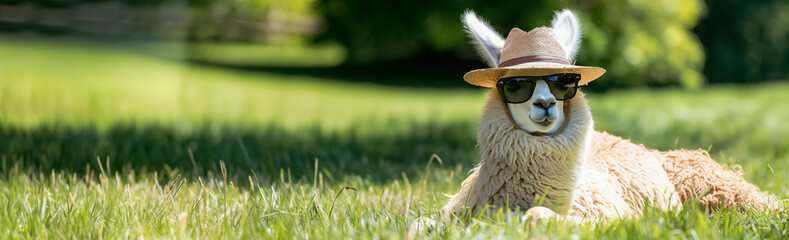 Obraz premium A llama in sunglasses rests on the lawn. Banner.