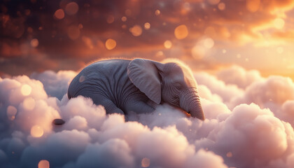 Cute little elephant sleeping on clouds 