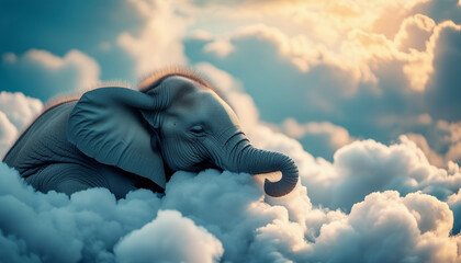 Cute little elephant sleeping on clouds 