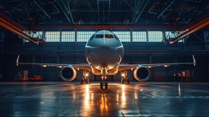 Commercial airliner illuminated in a hangar, front view.