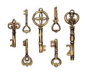 Hand-drawn colored set of vintage decorative keys sketches with intricate forging. Ink and pen drawing illustration, keys on white background.