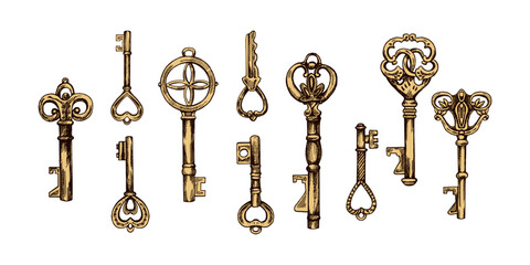 Hand-drawn colored set of vintage decorative keys sketches with intricate forging. Ink and pen drawing illustration, keys on white background.