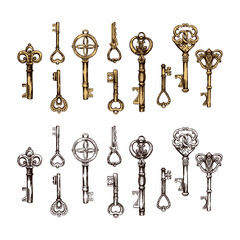 Hand-drawn colored and outline sketch set of vintage decorative keys with intricate forging. Ink and pen drawing illustration, keys on white background.
