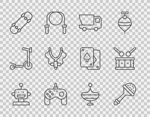 Set line Robot toy, Rattle baby, Toy truck, Gamepad, Skateboard, Slingshot, Whirligig and Drum with drum sticks icon. Vector