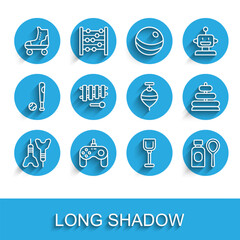 Set line Dart arrow, Gamepad, Roller skate, Shovel toy, Soap bubbles bottle, Xylophone, Pyramid and Whirligig icon. Vector