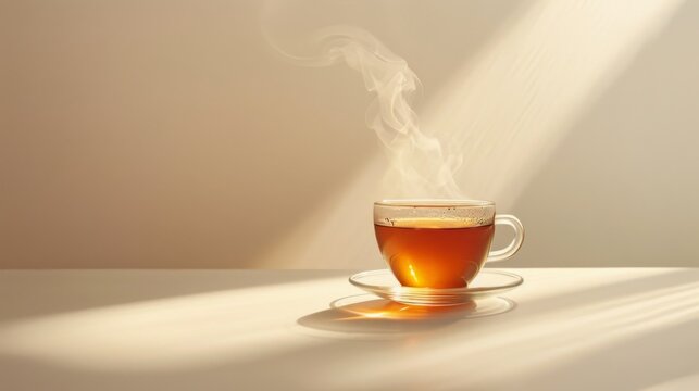 A steaming cup of herbal tea, exuding warmth and comfort on a white studio backdrop
