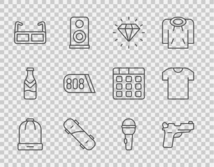 Set line Winter hat, Pistol or gun, Diamond, Skateboard, Glasses, Drum machine music, Microphone and T-shirt icon. Vector