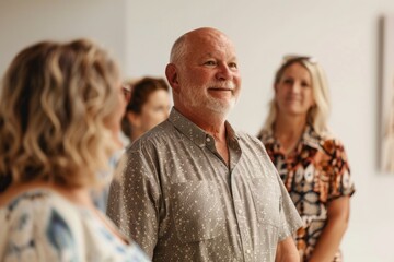 Senior man in front of a group of people in art gallery.