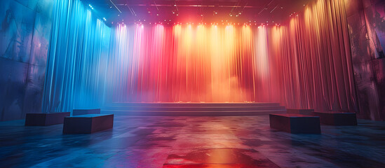 Iridescent Theater Stage with Shimmering Translucent Curtains Captivating Lighting Design
