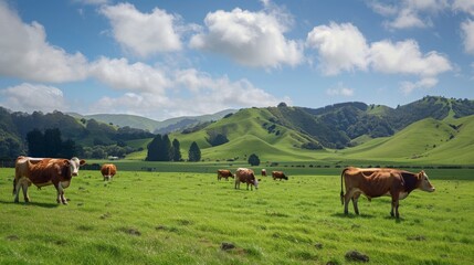 picturesque scenes of beef cattle grazing on lush pastures, highlighting the naturalness of the farming landscape - obrazy, fototapety, plakaty