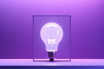 Violet backdrop with illuminated lightbulb on a white platform symbolizing ideas and creativity business concept creative thinking innovation new idea - obrazy, fototapety, plakaty
