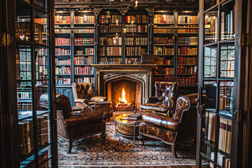 Hidden view from a bookcase into a classic library setting with a fireplace.