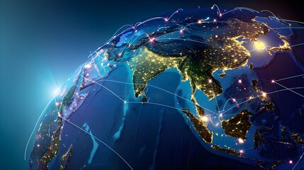 High-tech digital world map with glowing connections and data points, featuring the Americas and Europe.