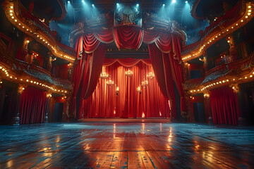 Lavish Theater Stage with Drawn Velvet Curtains Inviting the Audience into a Captivating Performance
