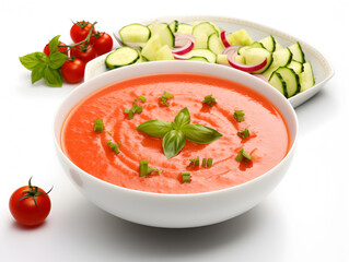 Delicious cold tomato gazpacho soup in a white bowl with garnishes on white table 