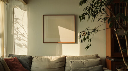 A living room with a couch and a potted plant. The couch is covered in pillows and the plant is in the corner. The room is bright and inviting, with a sense of warmth and comfort