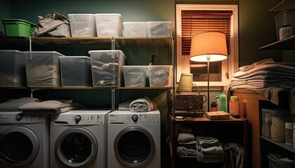 A laundry room featuring a modern washer and dryer appliances neatly arranged in a clean and functional space