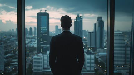 A business strategist contemplating while looking out a high-rise window
