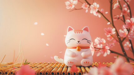 The traditional Japanese lucky cat figurine, smiling with cherry blossoms in the background, representing happiness and prosperity in the concept of cultural heritage, good luck charms.