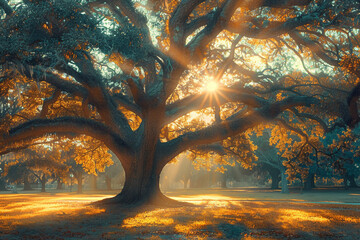 Sunbeams filtering through the branches of a majestic oak tree in a peaceful park.